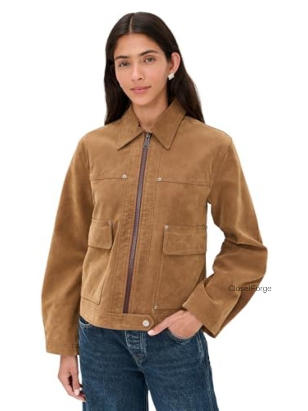 Faux Suede Jacket Snap Tabs Flap Pockets Cocoon Fit